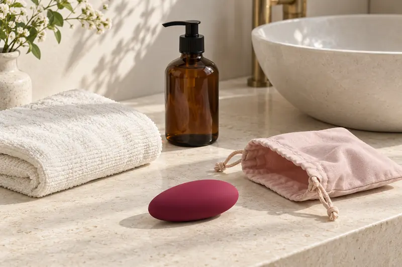 A cotton towel, pouch and care supplies beside a ceramic wash basin