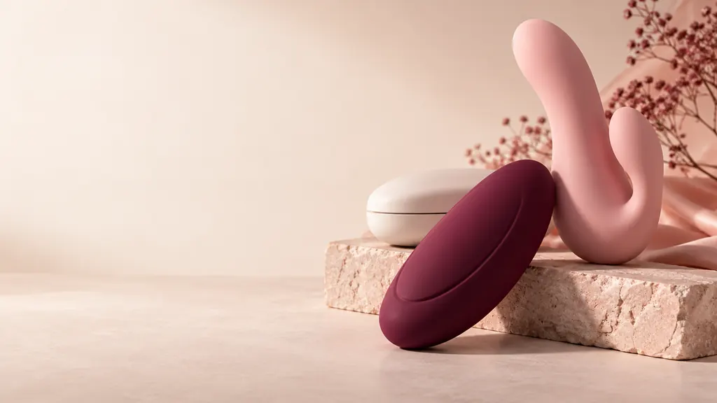 Sculptural burgundy and blush wellness devices on pale rose stone beside an ivory storage case